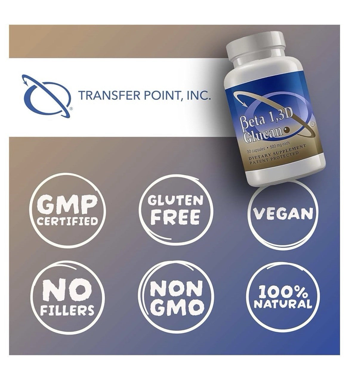 Transfer Point Beta 1,3D Glucan Immune Support 500 mg Dietary Supplement 30 Caps