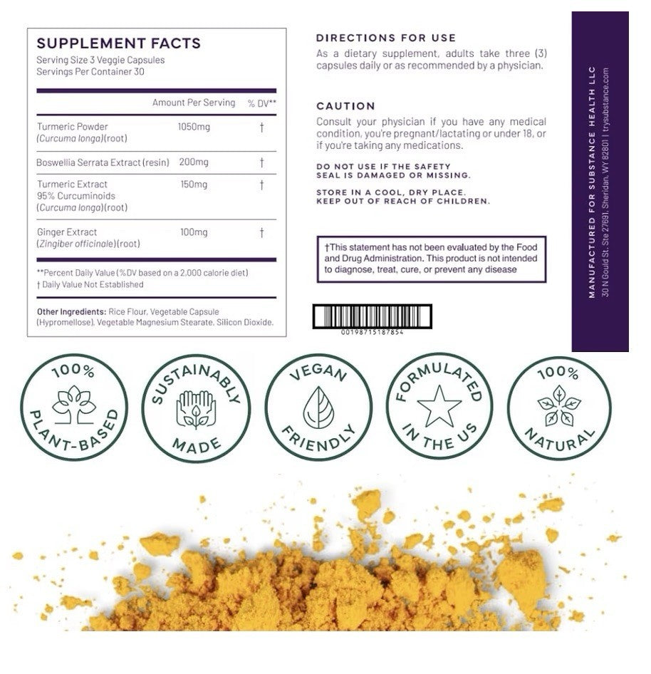 SUBSTANCE Nature’s Relief Turmeric Supplement Improve Body Muscle Joint Aches