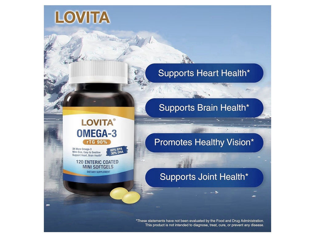 LOVITA Omega-3 Fish Oil rTG 90% Heart Brain Health Support For Women Men 3 Pqck