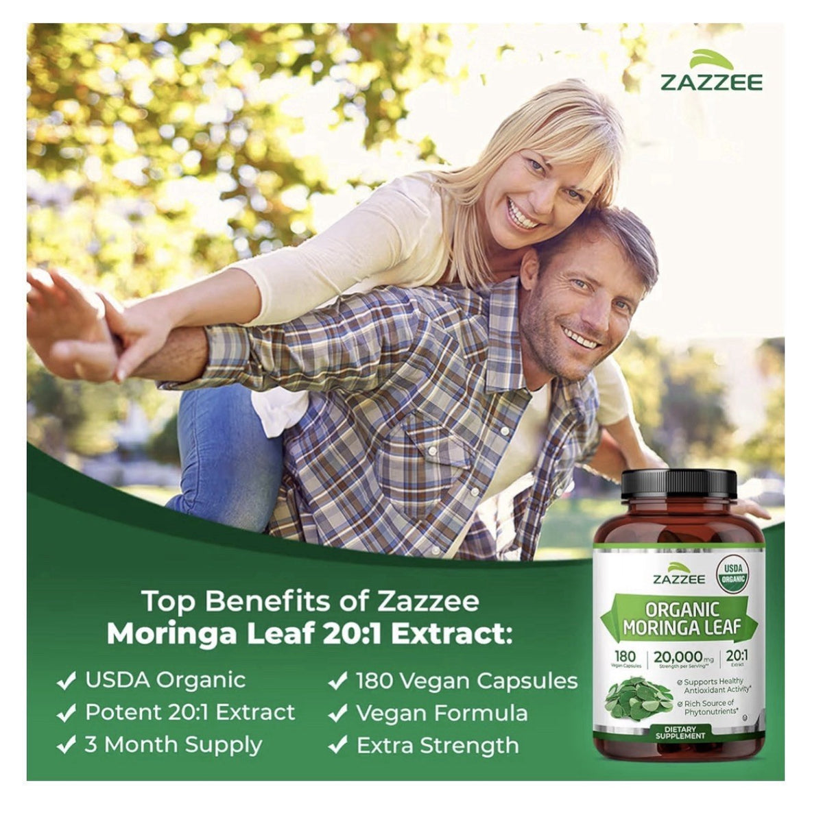 Zazzee Organic Moringa Leaf Antioxidant Rich Source of Phytonutrients 180capsule
