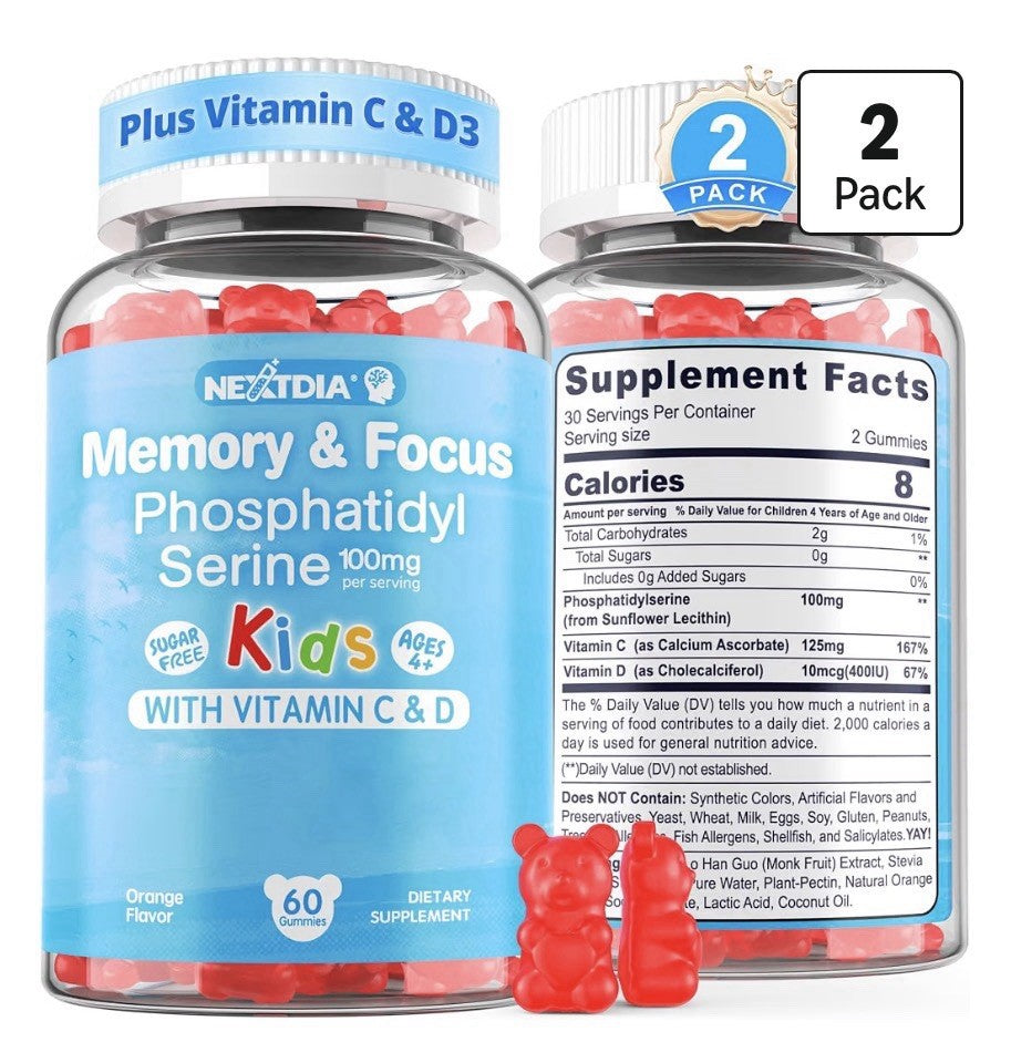 Nextdia Memory & Focus Kids Ages 4+ Phosphatidylserine Vitamin With D3 & C 2Pack