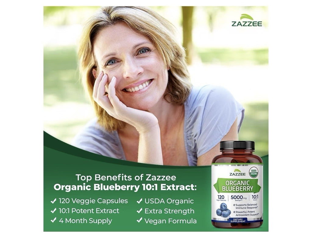 Zazzee Organic Blueberry Supports Immune Antioxidant Cellular 4Month Supply 120c