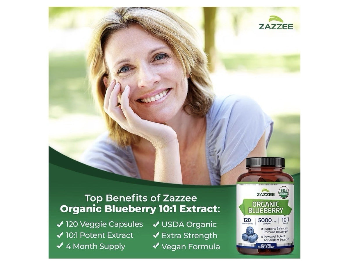 Zazzee Organic Blueberry Supports Immune Antioxidant Cellular 4Month Supply 120c