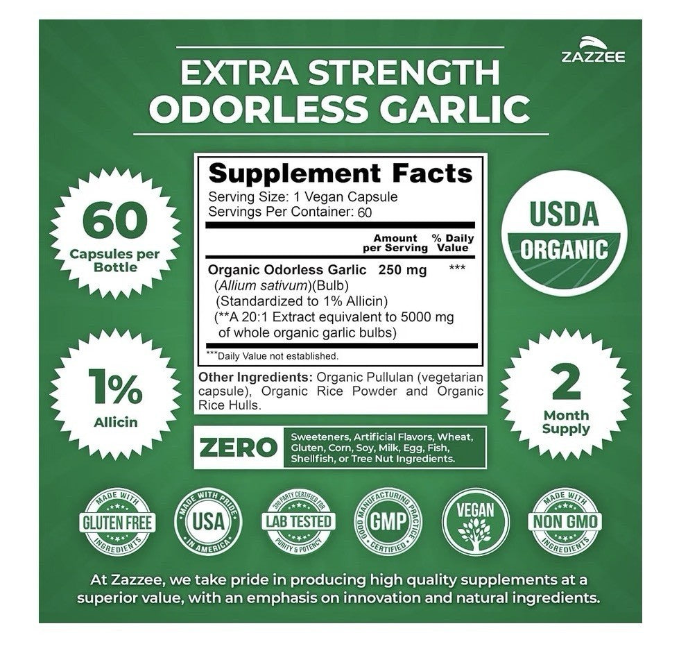Zazzee Odorless Garlic 1% Allicin Immune Circulation Heart Support 2Month Supply
