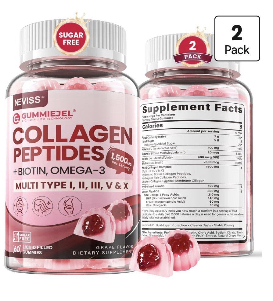 Neviss Collagen Peptides Type I,II,III,V,X Hair Skin Nails Vitamin 2Pack Gummies