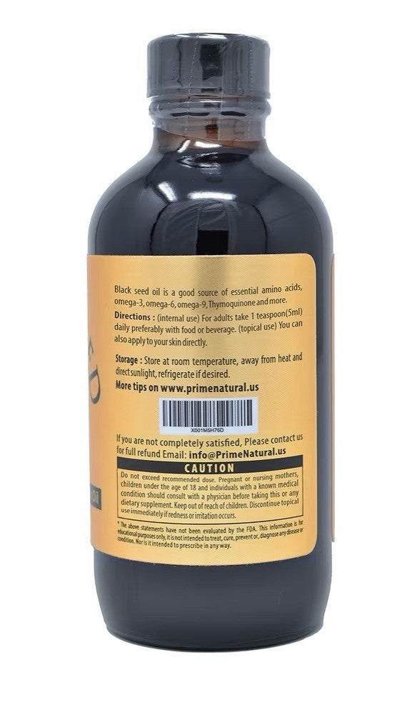 PRIME NATURAL Black Seed Oil Organic Cold Pressed Unrefined 4oz Nigella Sativa