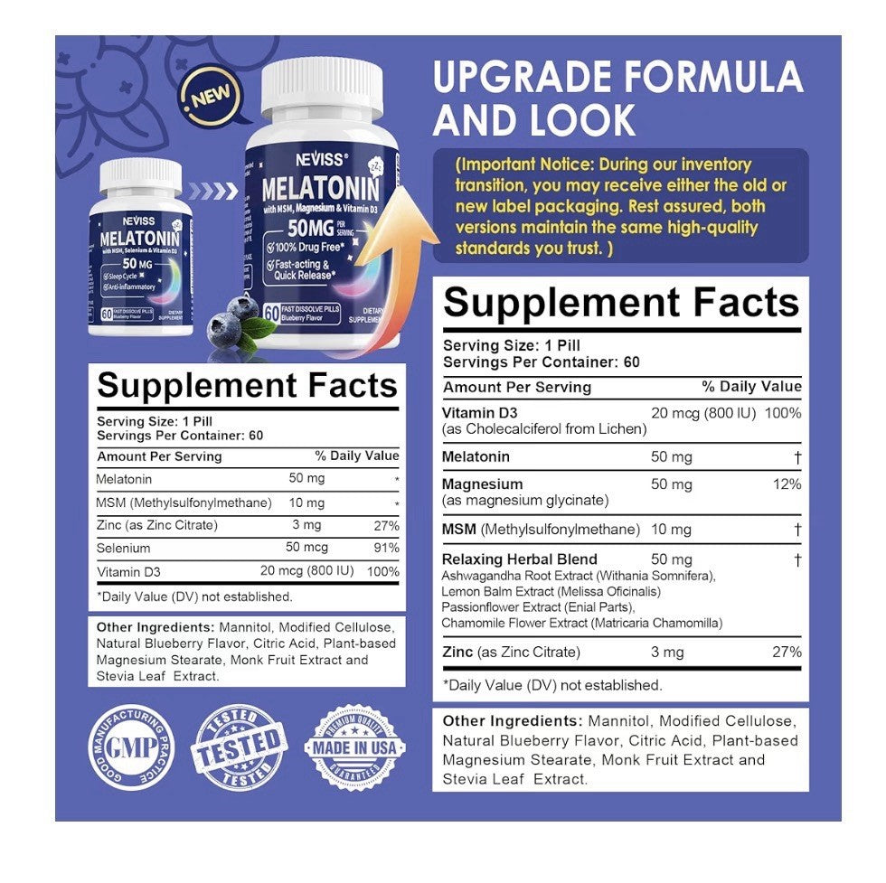 NEVISS Melatonin 50 mg With MSM, Magnesium, Vitamin D3 Fast Acting 60 Tablets