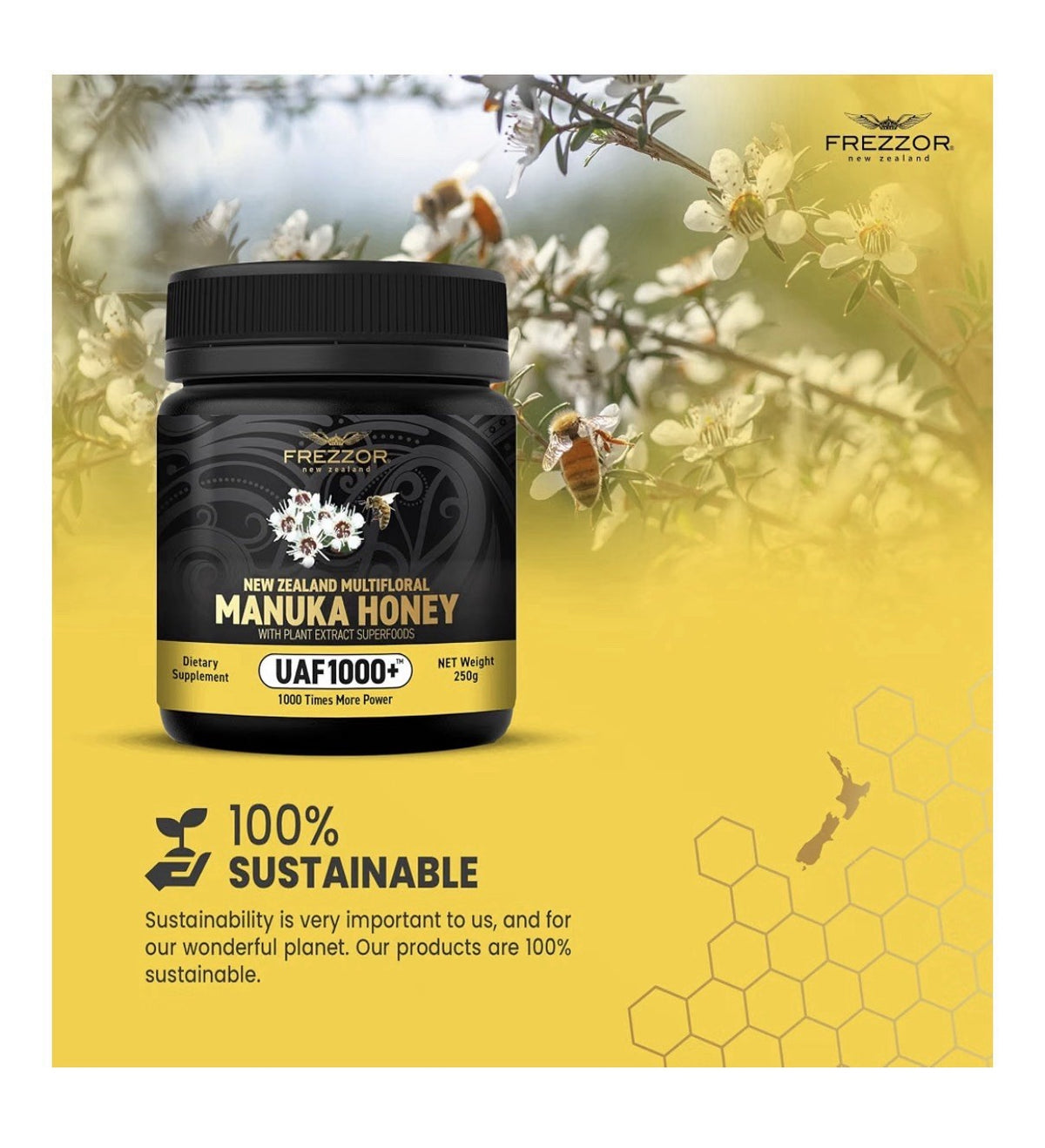 2 Pack FREZZOR Manuka Honey New Zealand Raw Multifloral UAF1000+ Antioxidants