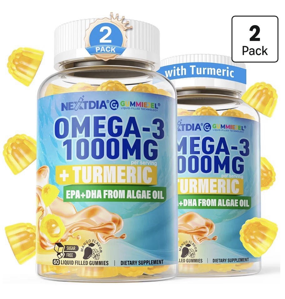 Nextdia Omega-3 Gummies 1000mg + Turmeric EPA + DHA From Algae Oil 2 Pack