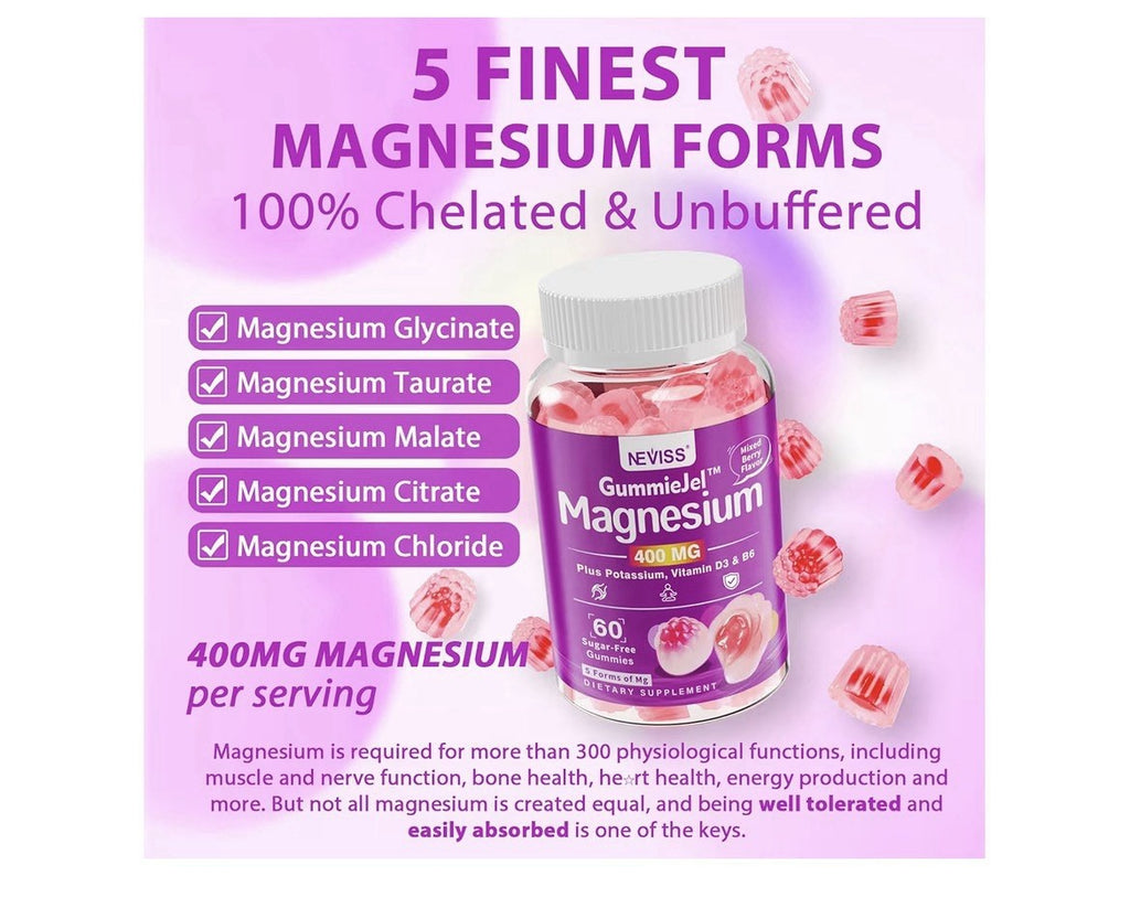 NEVISS Magnesium Glycinate 400 MG Plus Potassium Vitamin D3 & B6 Adults 60 gummy