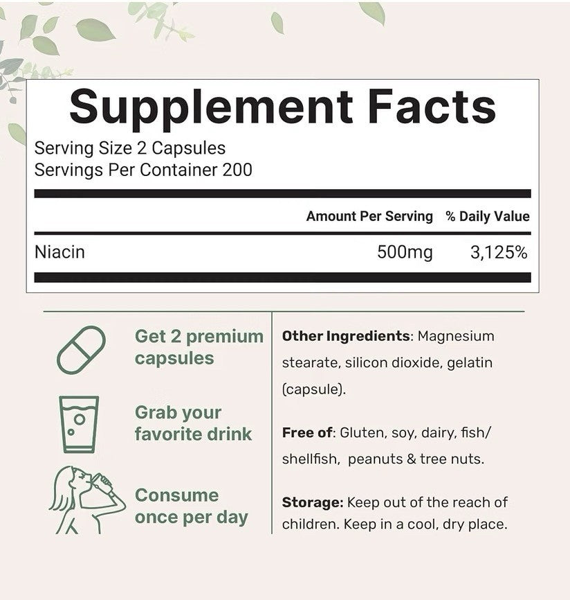 Micro Ingredients Niacin Vitamin B3 500mg Per Serving 400 Capsules Flush Free