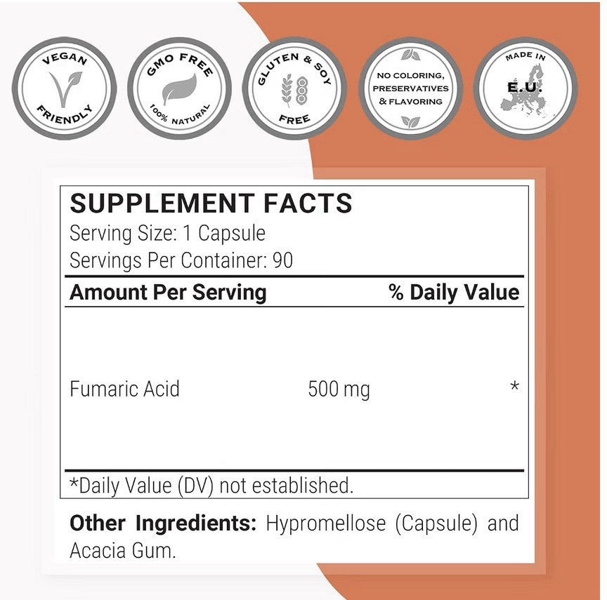 Supersmart Fumaric Acid 500mg per Day Help with Patches of Peeling Skin 90 Caps