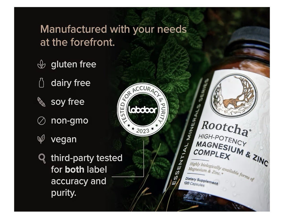 Rootcha Potent Pure Magnesium & Zinc Complex Fully Reacted Magnesium 120Capsules