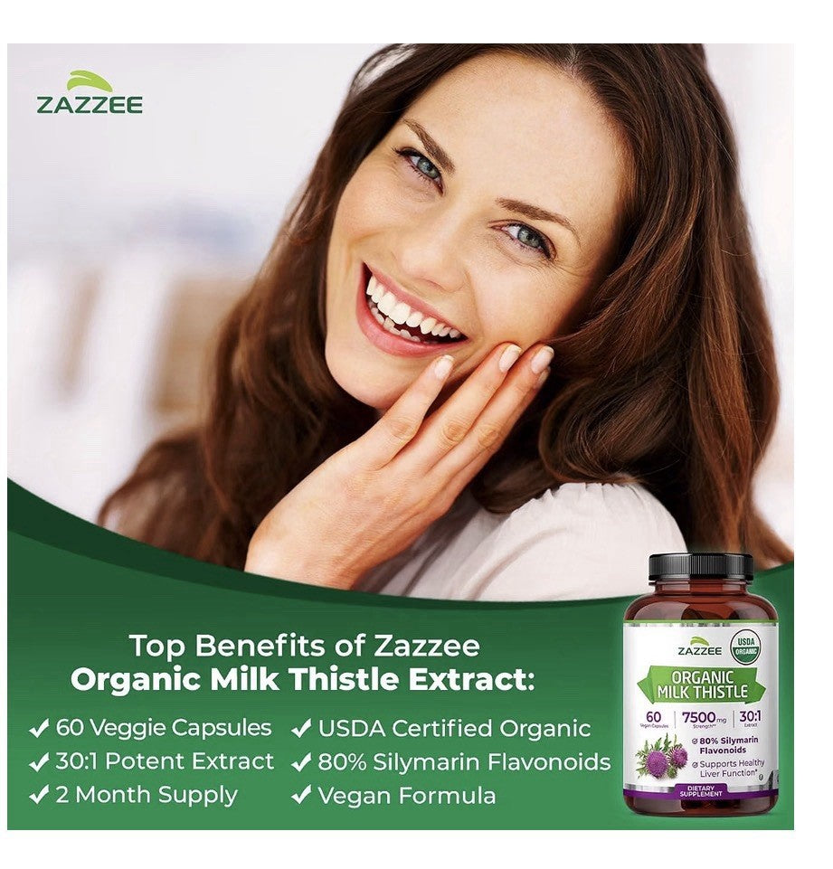 Zazzee Organic Milk Thistle 80% Silymarin Flavonoids Healthy Liver Function 60ca
