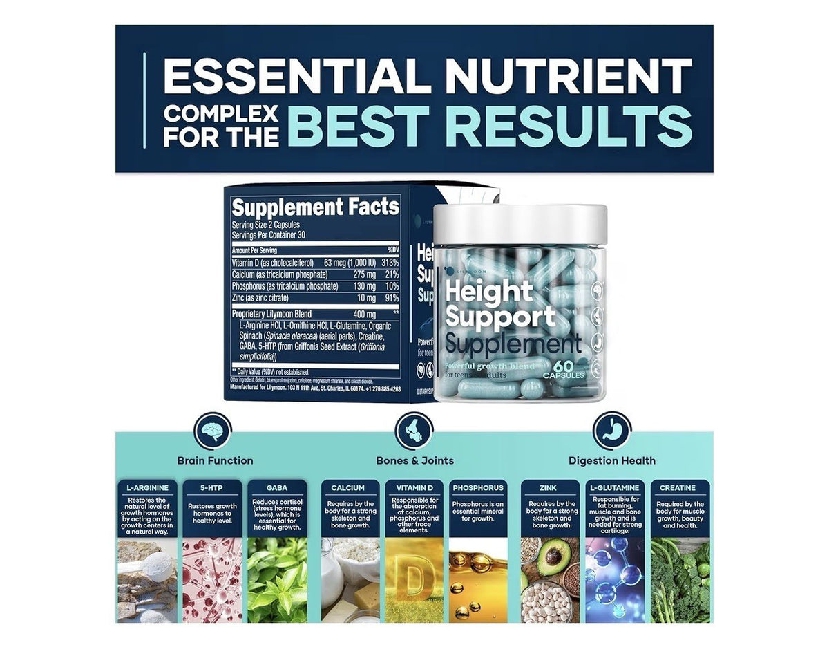LM LILYNUTRAMOON Height Support Supplement  Powerful Growth Tens & Adults 60Caps