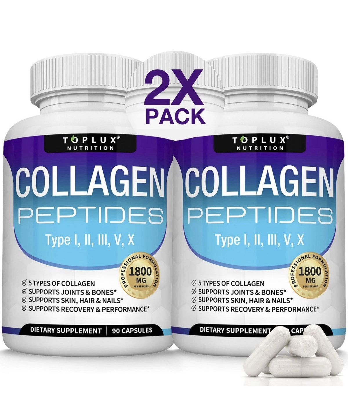 2 Pack Toplux Collagen Peptides Type I, II, III, V, X For  Women & Men
