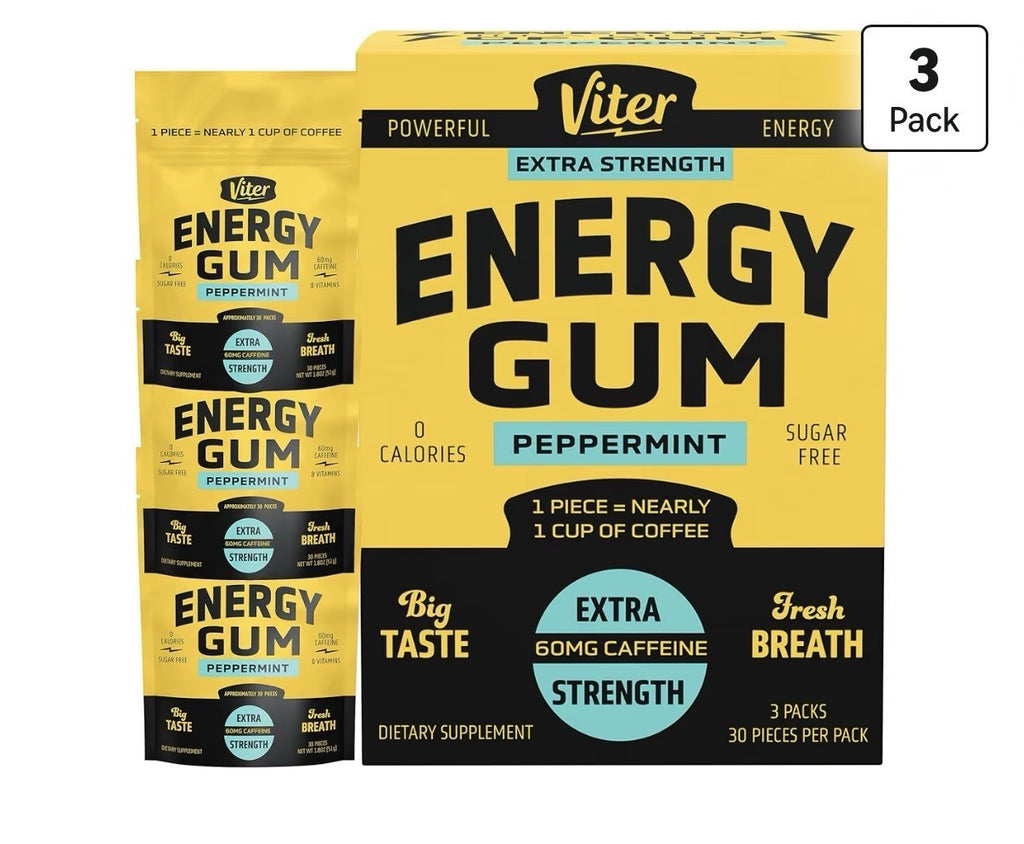 3 Pack Viter Energy Gum Peppermint Vitamin B3 B6 B9 B12 Caffeinated Total 90pcs