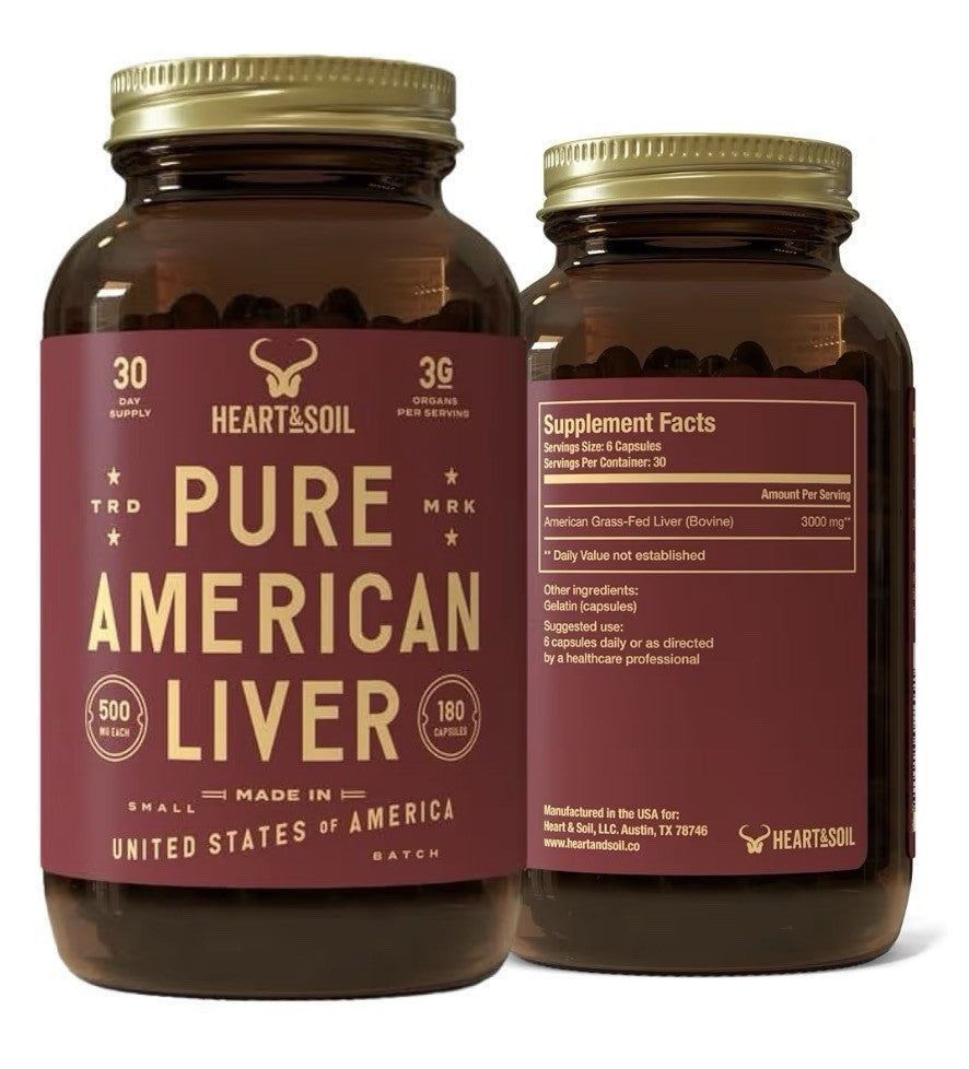 HEART & SOIL Pure American Liver Supplement Grass Fed Finished Beef Liver 180cap