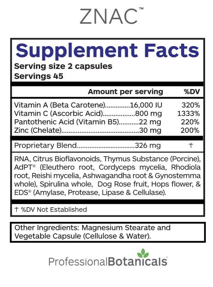 Professional Botanicals Znac Zinc Immune Support Supplement Antioxidant 90 Caps