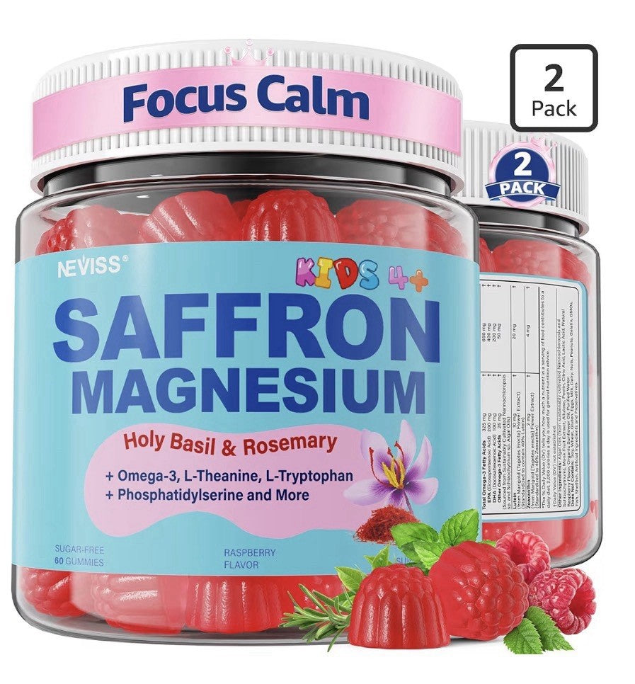 2 Pack Neviss Saffron Magnesium Glycinate For Kids 4+ Focus Calm Happy Mood