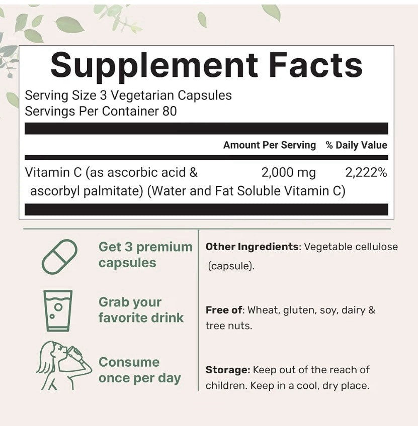 Micro Ingredients Pure Vitamin C 2,000mg Highly Bioavailable 240 Veggie Capsules