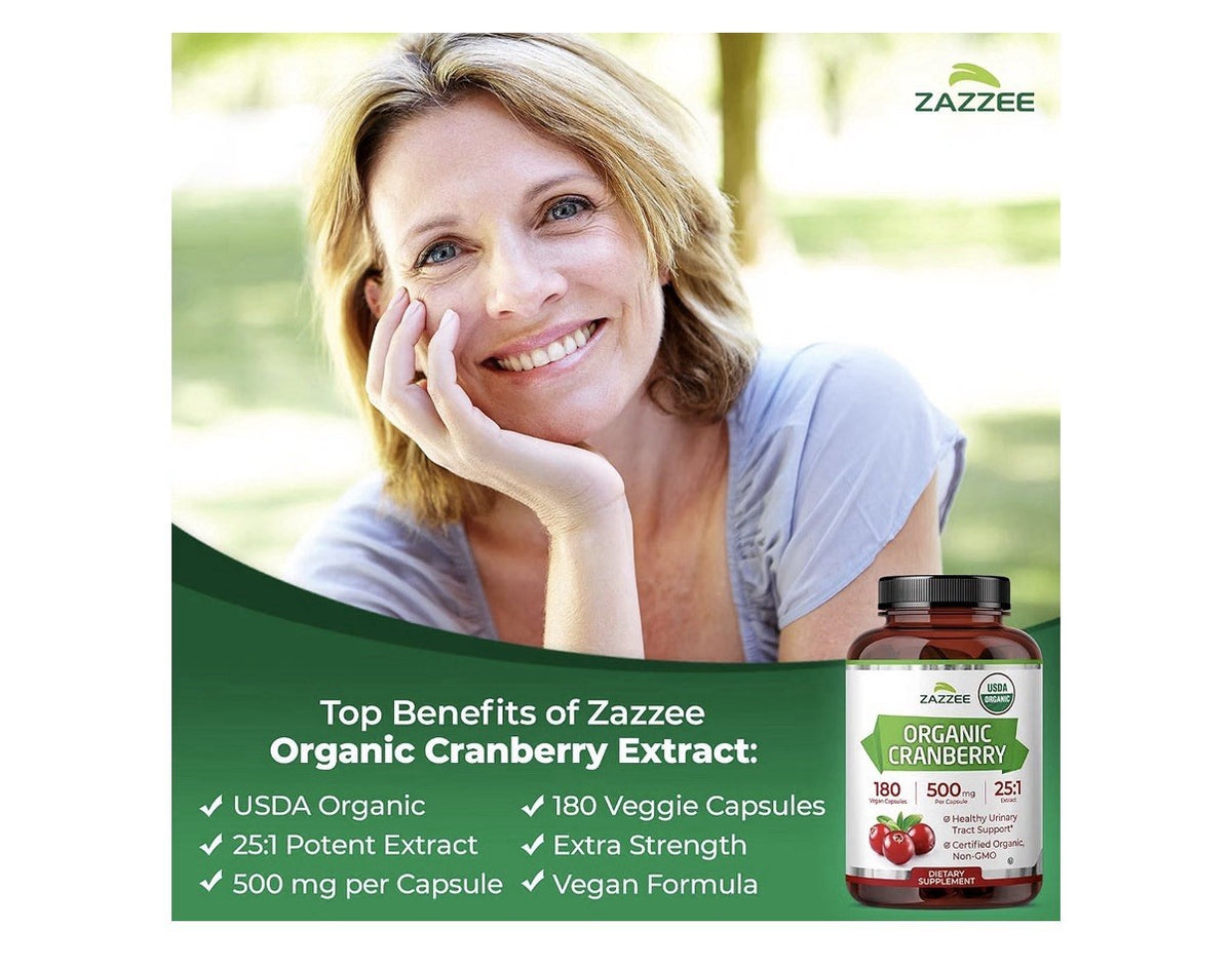 Zazzee Organic Cranberry Healthy Urinary Tracy Support 6 Month Supply 180Capsule