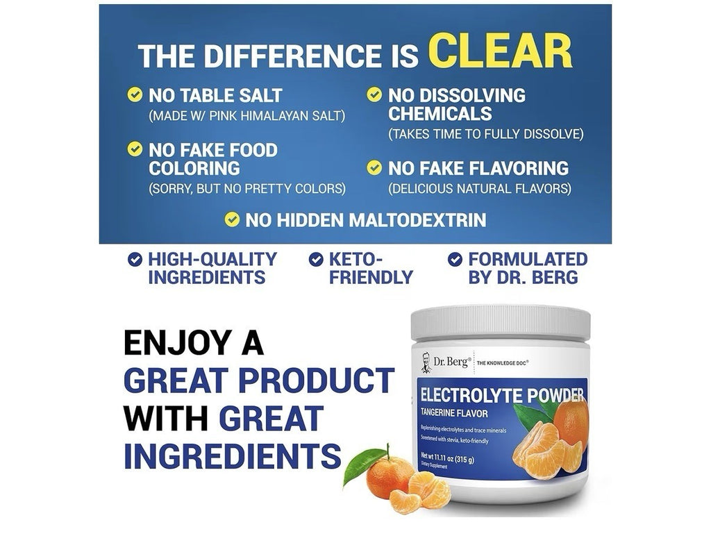Dr. Berg Electrolyte Powder Tangerine Flavor Keto Friendly 50 Servings Drink Mix