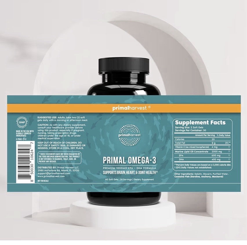 Primal Harvest Omega-3 EPA DHA Supports Brain Heart Joints Health 60 Softgels