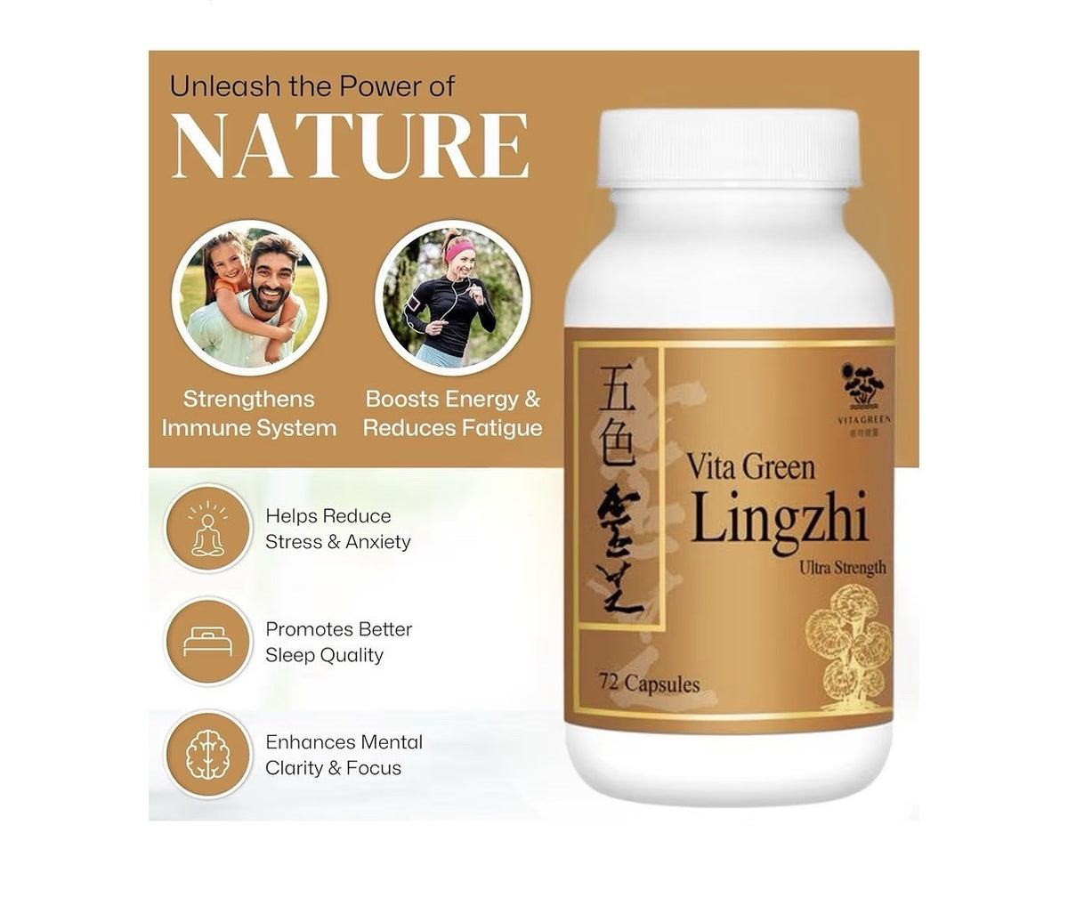 Vita Green Lingzhi Ultra Strength Mushroom Pure Reishi For Women & Men 72capsule