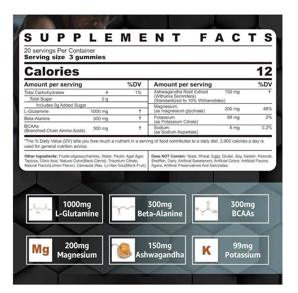 Nextdia L-Glutamine 1000mg Gummies for Women & Men Post-Workout Recovery 60gummy