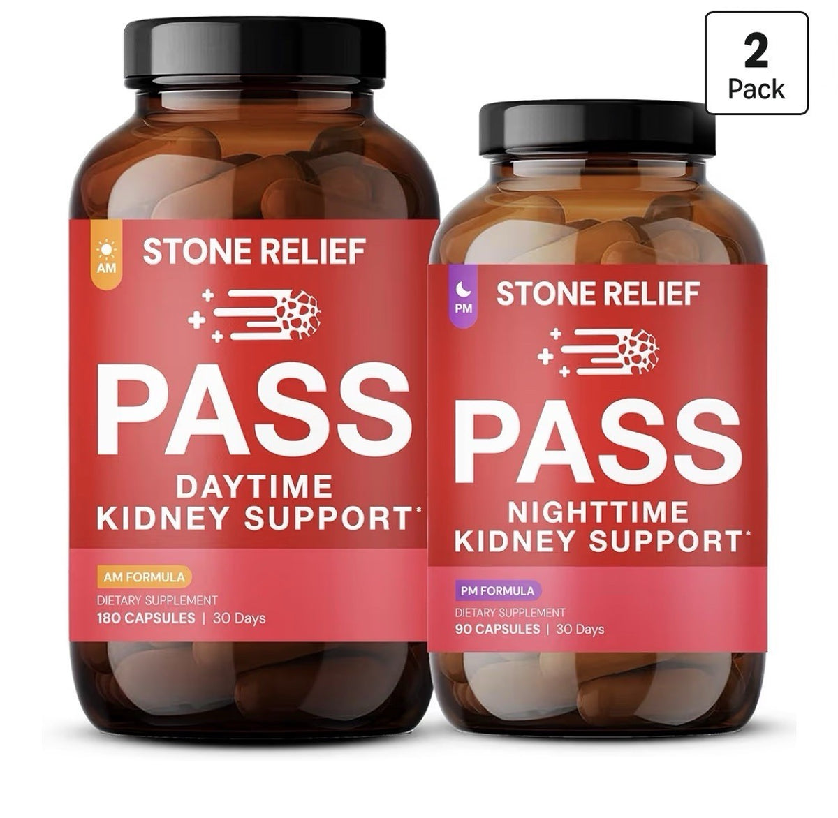 STONE RELIEF PASS Day and Night Kidney Support System Herbal Supplement 270 Caps