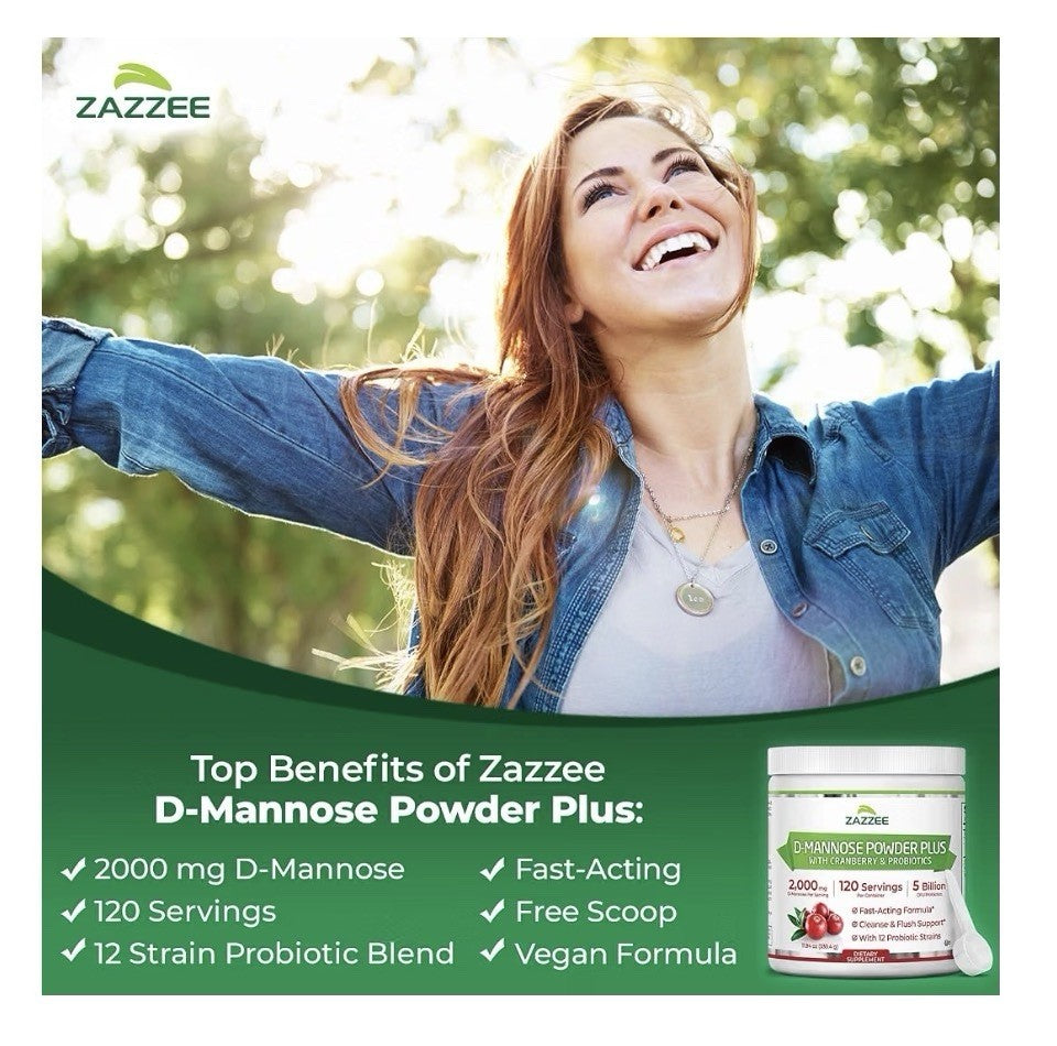 Zazzee D-Mannose Powder Plus With Cranberry & Probiotics 2000 mg 120 Servings