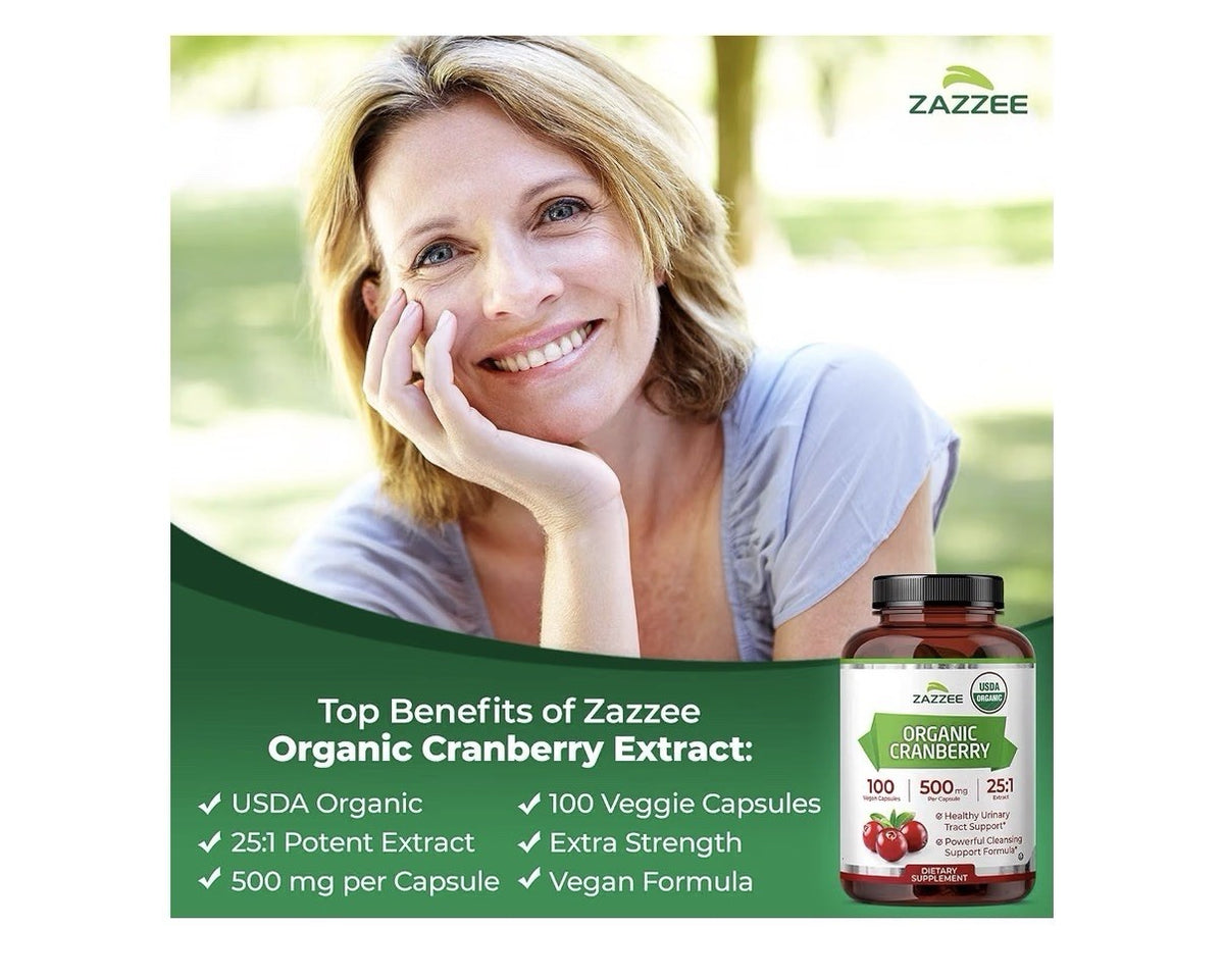 Zazzee Organic Cranberry Healthy Urinary Tracy Support 100 Day Supply 100Capsule