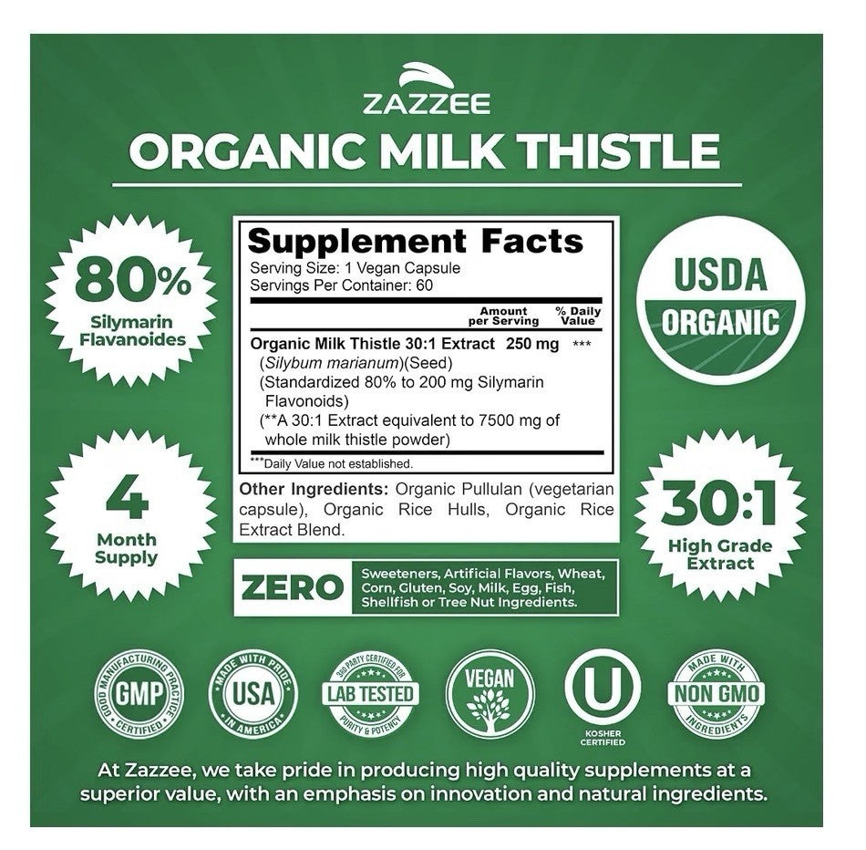 Zazzee Organic Milk Thistle 80% Silymarin Flavonoids Healthy Liver Function 60ca