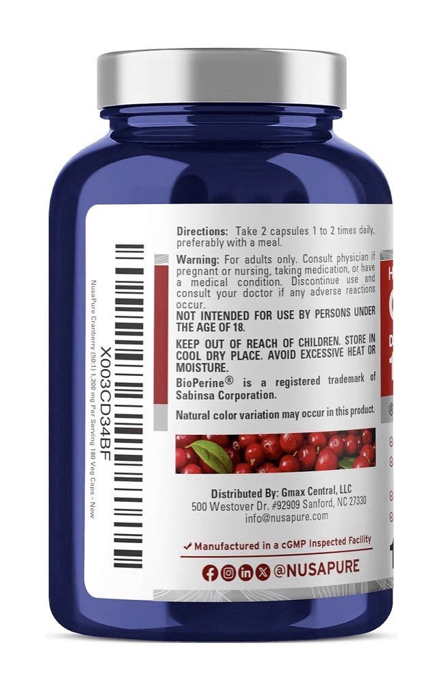 NusaPure Cranberry 1200mg With Bioperine 180 Veg Capsules 90 Servings