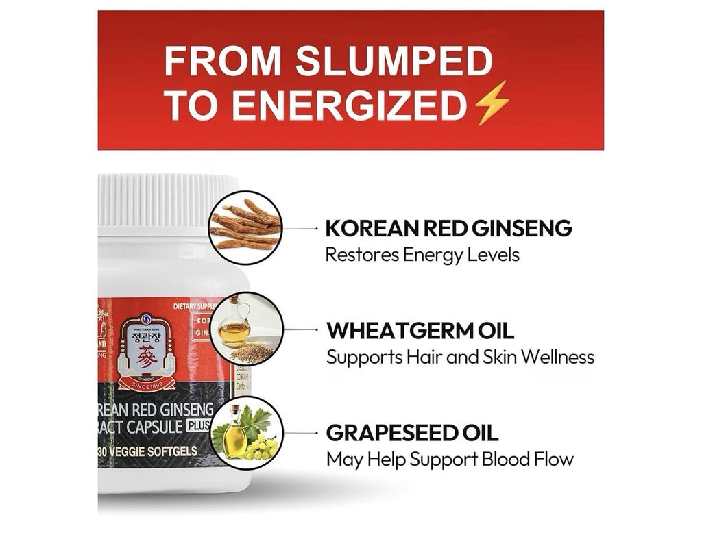 JUNG KWAN JANG Korean Red Ginseng Extract Capsules Plus Energy Supplement 30sgel