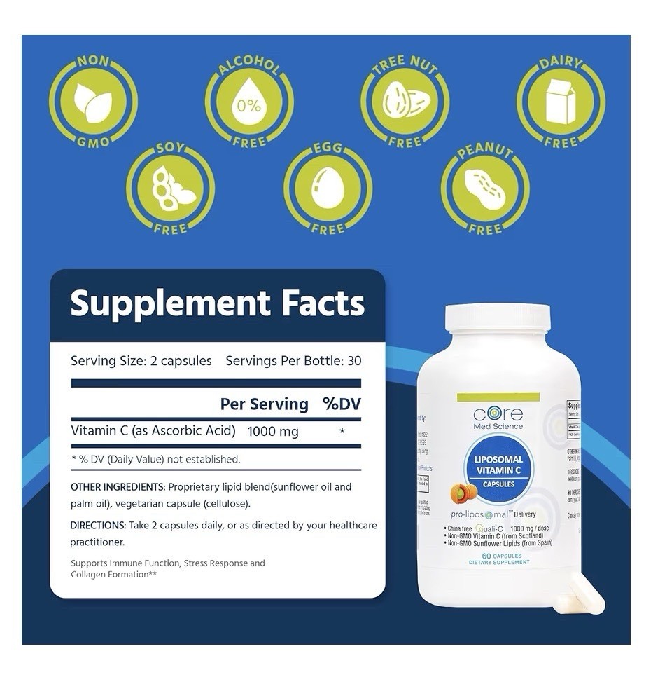 Core Med Science Liposomal Vitamin C 1000mg Immune Collagen Support 60 Capsules