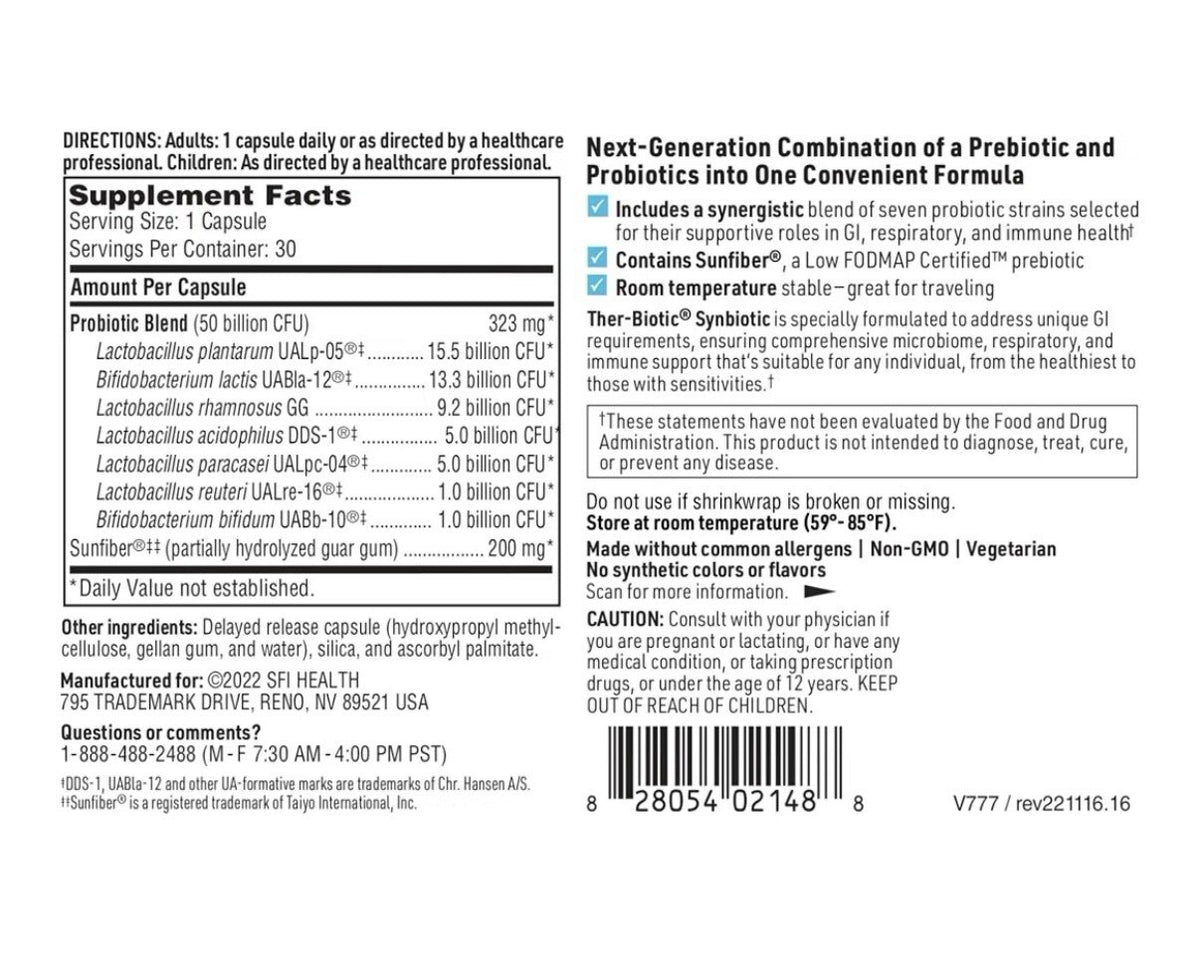 SFI Health Ther-Biotic Synbiotic Prebiotics and Probiotics 50 Billion CFU 30caps