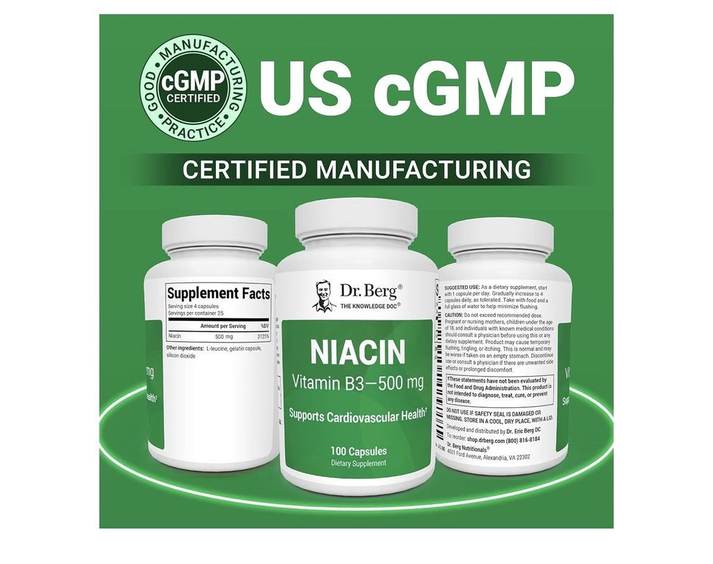 Dr. Berg Niacin Vitamins B3 500 mg Support Cardiovascular Health Brain 100 Caps