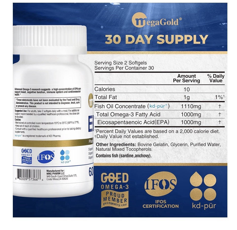 MegaGold EPA 1000 Fish Oil Omega 3 Cardiovascular Mood Cognitive Support 60sgel