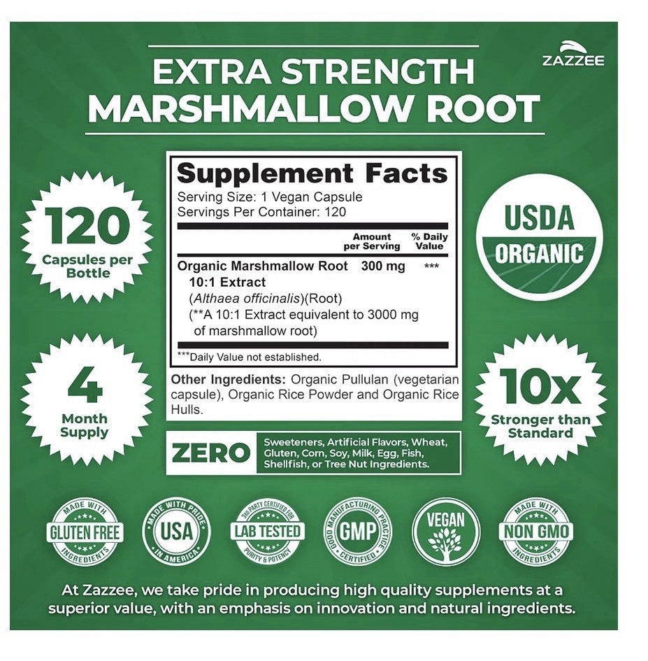Zazzee Marshmallow Root Digestive Gastrointestinal Support 4 Month Supply 120cap