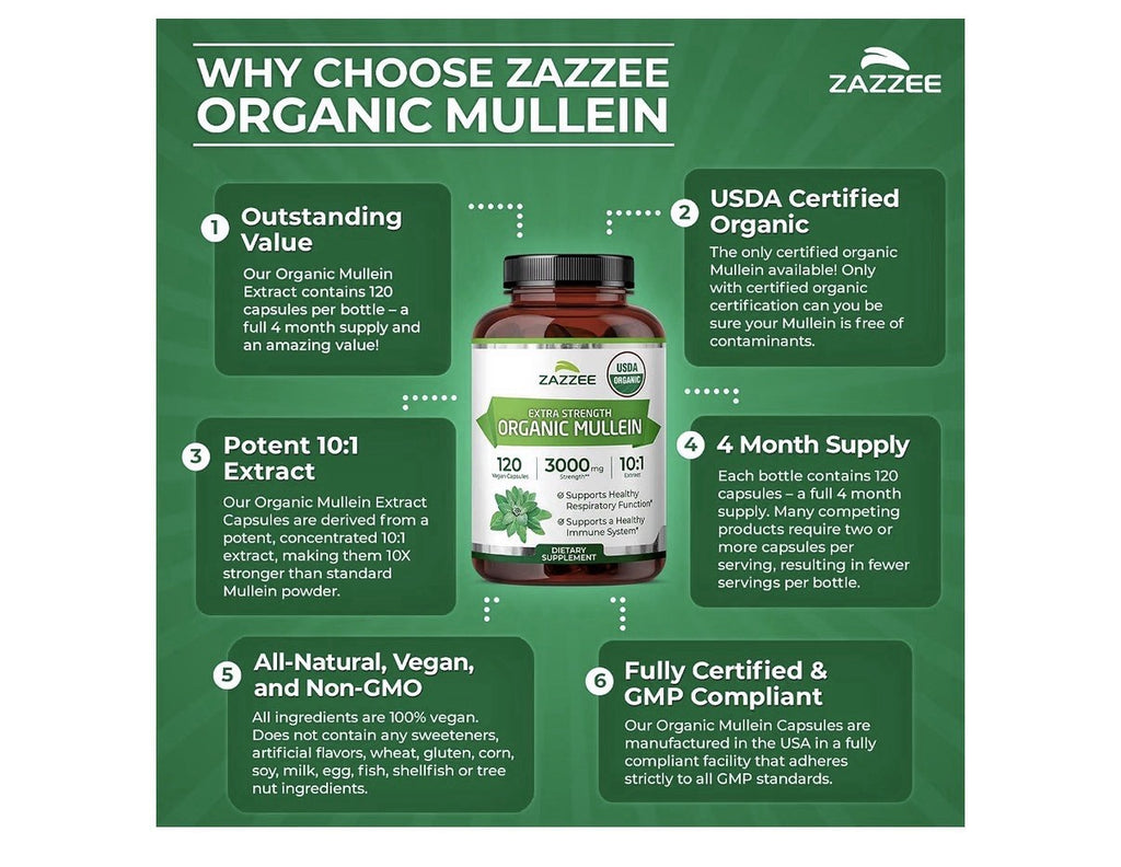 Zazzee Organic Mullein Leaf Support Healthy Respiratory Immune 4 Month Supply