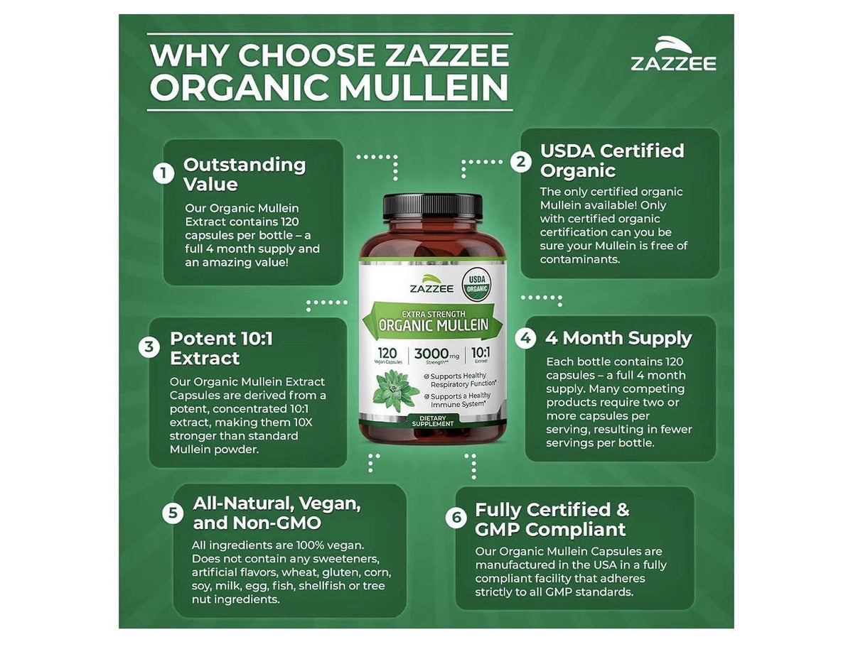 Zazzee Organic Mullein Leaf Support Healthy Respiratory Immune 4 Month Supply
