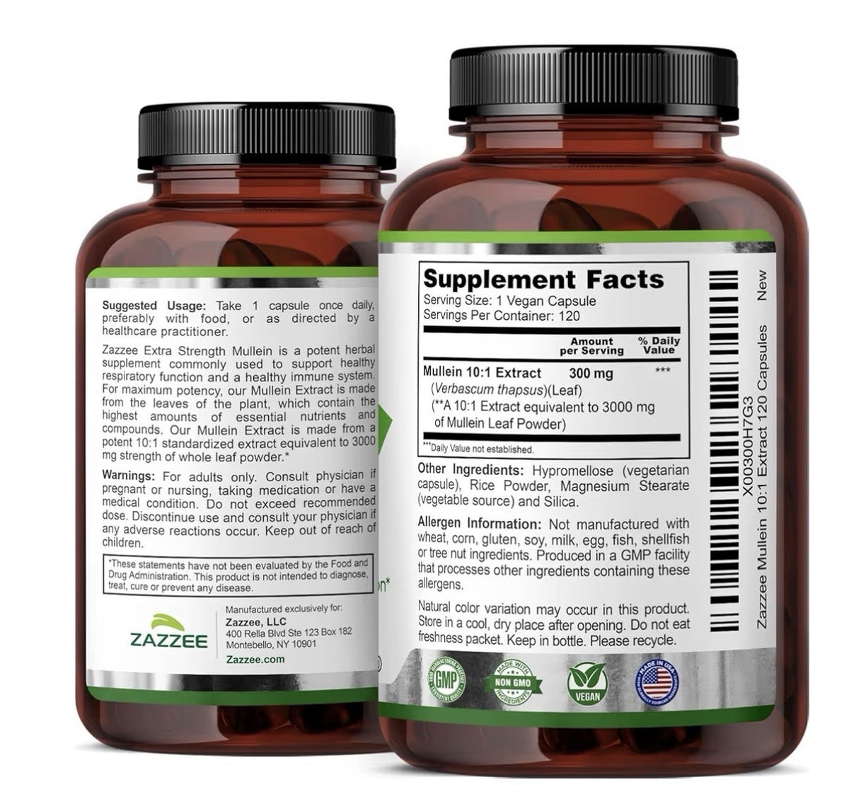 Zazzee Mullein Leaf Support Healthy Respiratory Lung Immune 4Month Supply 120cap