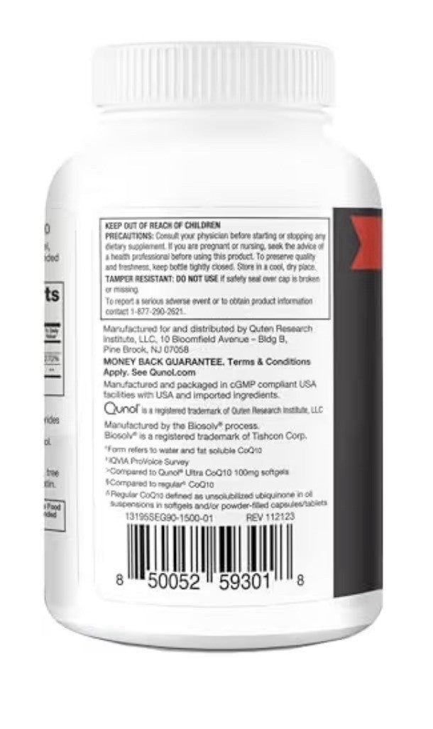 Qunol Ultra CoQ10 200mg Extra Strength Water And fat Soluble 90 Softgels