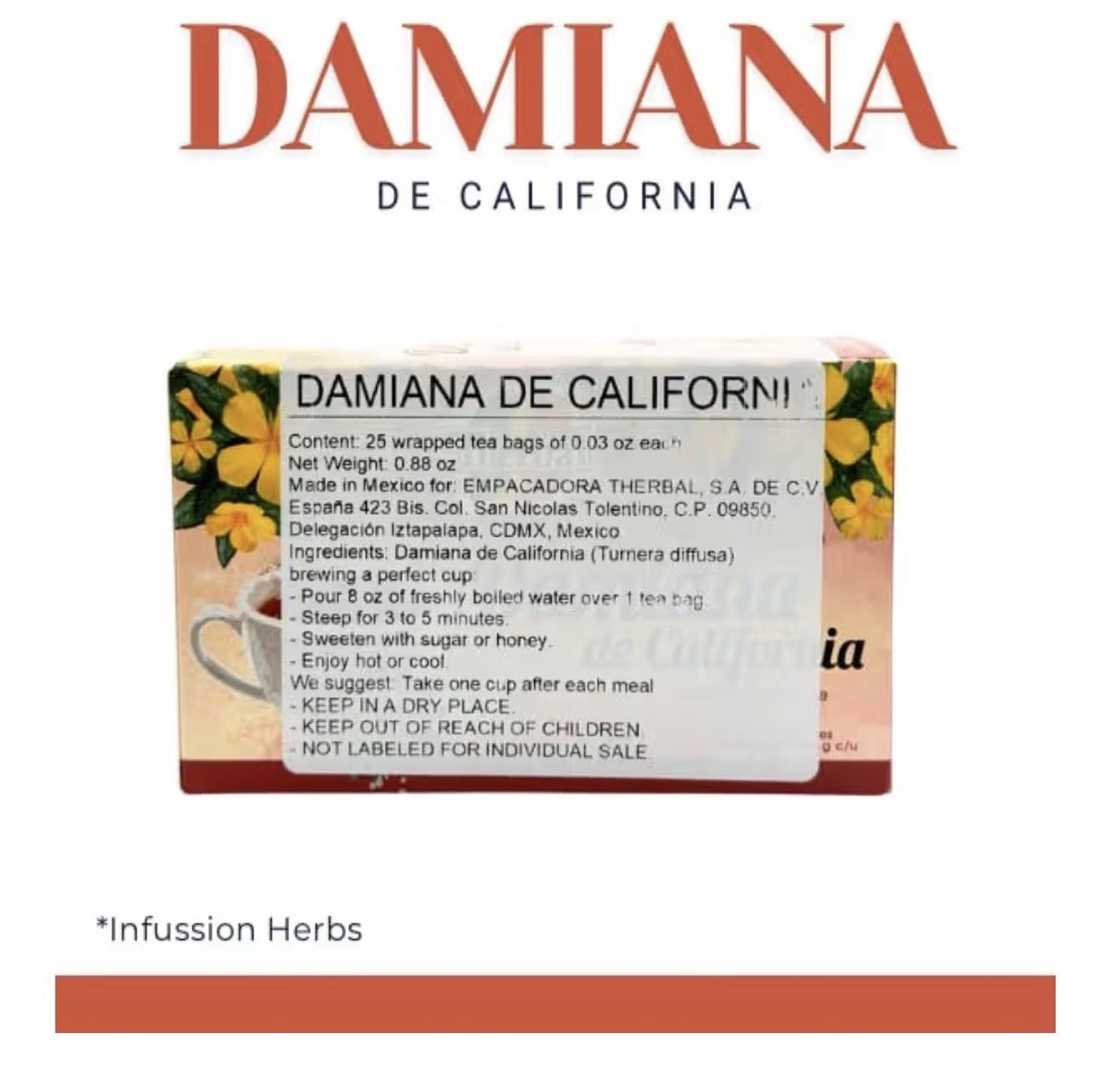 Therbal Damiana de California Herb 25 Tea Bags CaffeineFree 100% Turnera diffusa