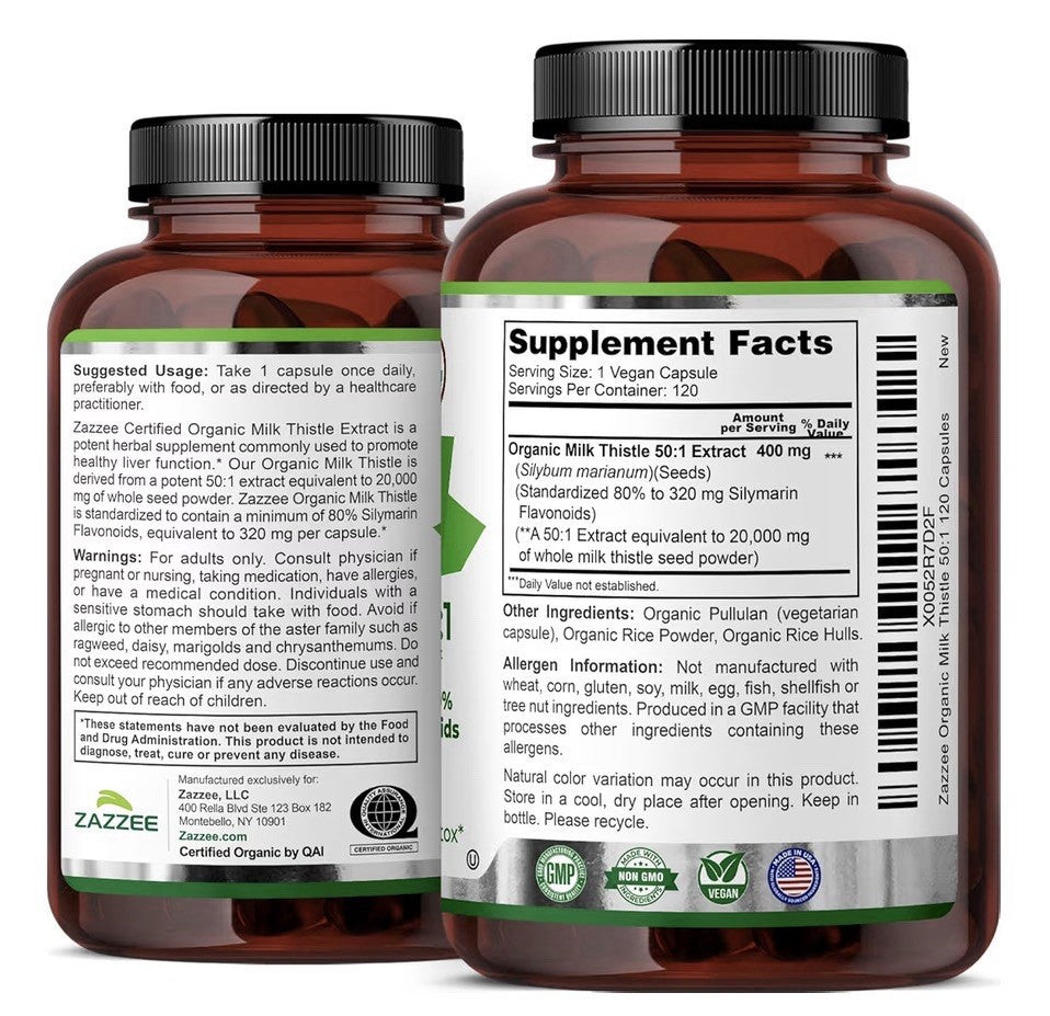 Zazzee Milk Thistle Silymarin Flavonoids Liver Function Detox Cleanse 120capsule