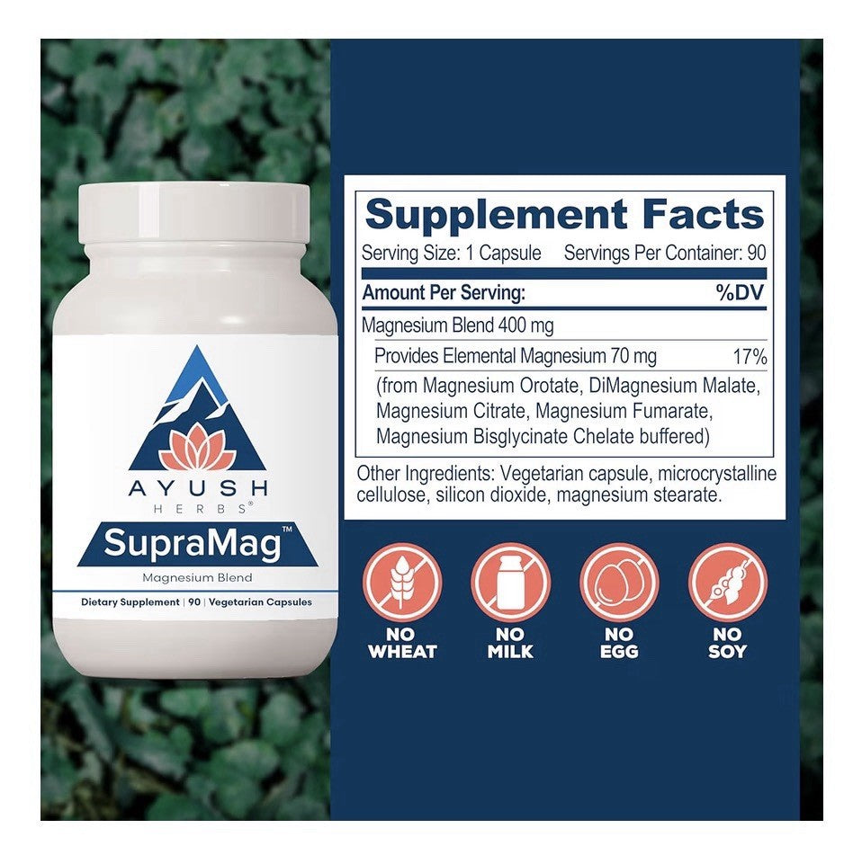 Ayush Herbs SupraMag Magnesium Blend Supplement Sleep Energy Brain Health 90caps