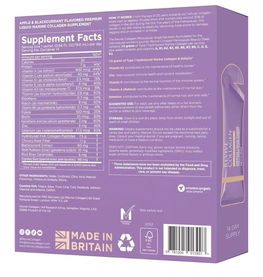 Revive Collagen Menopause Beauty Sleep Premium Liquid Marine Collagen Drink 14ct