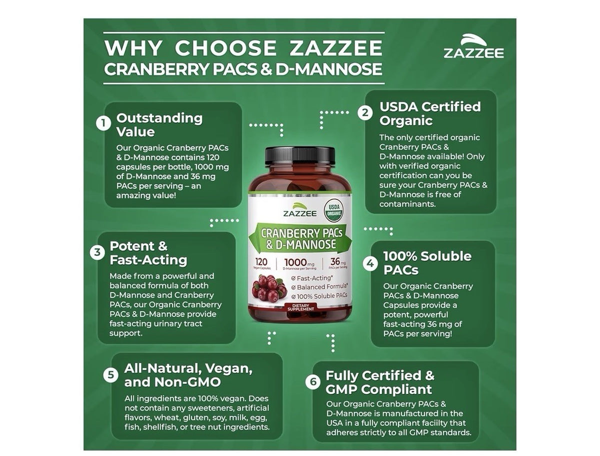 Zazzee Cranberry PACs & D-Mannose Urinary Tract Bladder Support 2 Month Supply